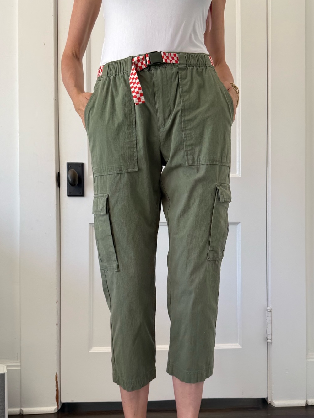 THE GREAT. Olive Green Cropped Cargo Pants with Red Check Belt
